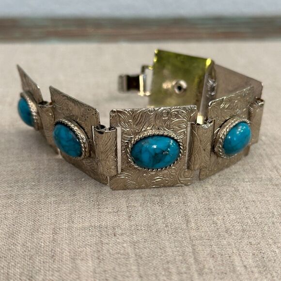 Vintage Etched Silver Tone Square Panel Blue Oval Faux Turquoise Bracelet 7" - Picture 2 of 9